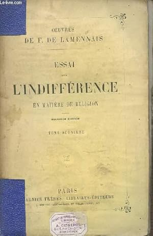 Bild des Verkufers fr TOME 2 : ESSAI SUR L'INDIFFERENCE EN MATIERE DE RELIGION. zum Verkauf von Le-Livre