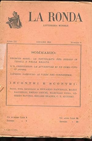 LA RONDA LETTERARIA MENSILE -1921 - NUM. 06 DEL GIUGNO 1921 ANNO TERZO, Roma, Off. tipografica Bo...