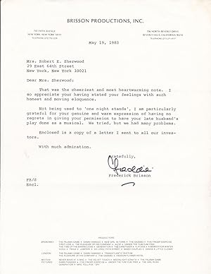 TYPED LETTER TO THE WIDOW OF ROBERT E. SHERWOOD ABOUT THE FAILURE OF "DANCE A LITTLE CLOSER" SIGN...