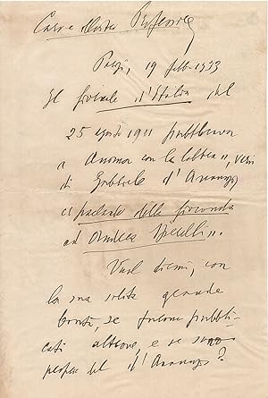 Lettera manoscritta autografa, firmata, stesa su due facciate, datata Parigi 19 febbr. 1933. Dest...