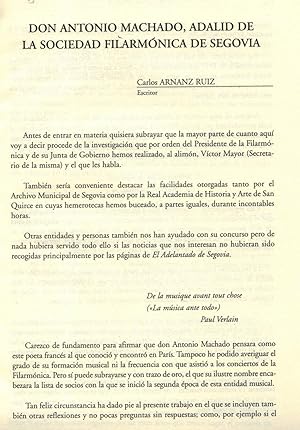 Imagen del vendedor de DON ANTONIO MACHADO, ADALID DE LA SOCIEDAD FILARMNICA DE SEGOVIA. a la venta por Librera Torren de Rueda