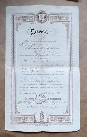 Lehrbrief Schlosserlehrling Kötzenbroda 1897. Gestempelt: Innung Schlosser und Schmiede verwaltun...