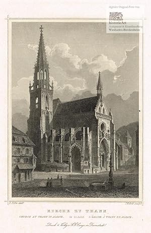 Seller image for Kirche zu Thann im Elsass. Church at Thann in Alsace. Ansicht der Kirche in Thann mit Steinbrunnen auf dem Marktplatz. Stahlstich von Kolb nach Hfle um 1845 for sale by historicArt Antiquariat & Kunsthandlung