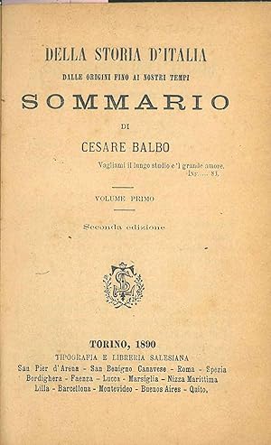 Della storia d'Italia dalle origini fino ai nostri tempi. Sommario di Cesare Balbo