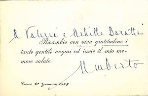 Biglietto di auguri con stemma reale a secco, i nomi dei destinatari e firma: "Umberto" autografi...
