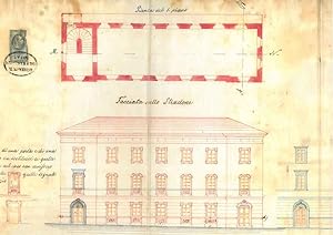 Grande foglio in carta telata con 9 disegni di "Progetto a china rossa di un palazzo di 3 piani c...