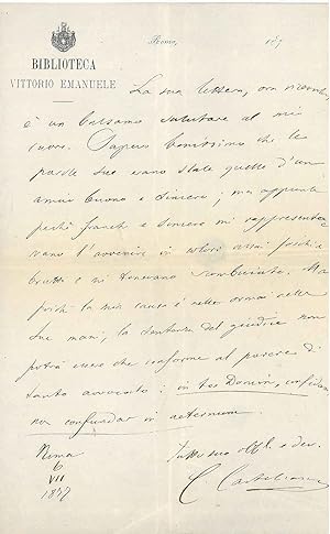 Lettera su carta intestata: "Biblioteca Vittorio Emanuele" e datata: "Roma, 6, VII 1872"