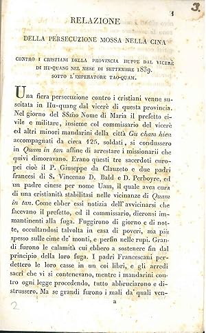 Relazione della persecuzione mossa nella Cina contro i cristiani della provincia di Huppe dal vic...