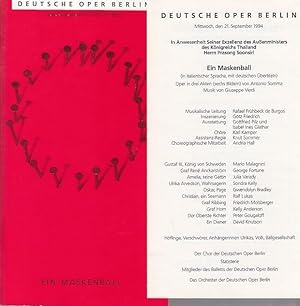 Bild des Verkufers fr Ein Maskenball. Spielzeit 1993 / 1994. Inszenierung Gtz Friedrich. Ausstattung Gottfried Pilz / Isabel Ines Glathar. Musikikalische Leitung Rafael Frhbeck de Burgos. Chor d.Deutschen Oper. Darsteller Mario Malgnini / George Fortuno / Julia Varady / Sondra Kelly u.a. zum Verkauf von Antiquariat Carl Wegner