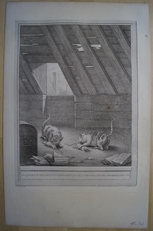 Imagen del vendedor de La Querelle des Chiens et des Chats, . Fable CCXXI. Original Kupferstich von Jean-Baptiste Oudry zu den Fabeln von La Fontaine. Paris 1755. a la venta por Treptower Buecherkabinett Inh. Schultz Volha