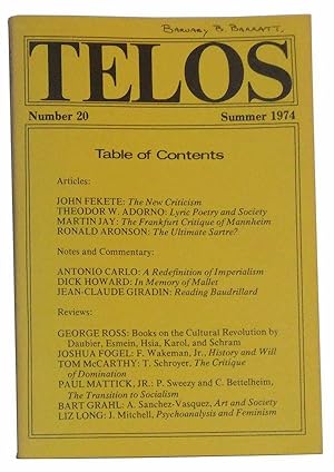 Seller image for Telos, Number 20 (Summer 1974) for sale by Cat's Cradle Books