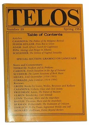 Bild des Verkufers fr Telos, Number 59 (Spring 1984): A Quarterly Journal of Radical Thought zum Verkauf von Cat's Cradle Books