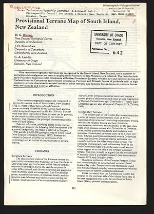 Bild des Verkufers fr Provisional Terrane Map of South Island, New Zealand. From: Tectonostratigraphic Terranes, D.G.Howell (ed.), Circumpacific Council for Energy & Mineral Res. Earth Sc. 1985. zum Verkauf von Antiquariat Bookfarm