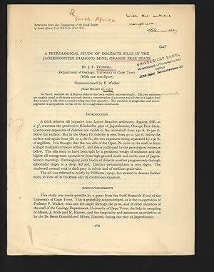 Image du vendeur pour A Petrological Study of Dolerite Sils in the Jagersfontein Diamond Mine, Orange Free State. Reprinted from the Transactions of the Royal Society of South Africa, Vol. XXXIV (Part III). mis en vente par Antiquariat Bookfarm