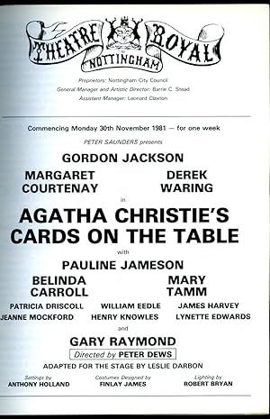 Imagen del vendedor de Cards on the Table: Souvenir Theatre Programme Performed at Theatre Royal, Nottingham a la venta por Little Stour Books PBFA Member