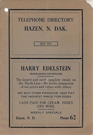 North Dakota Telephone Directory: Hazen: (1933) Very Scarce