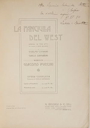 Immagine del venditore per La Fanciulla del West Opera in tre atti (dal dramma di David Belasco) di Guelfo Civinini e Carlo Zangarini . Opera completa Riduzione di Carlo Carignani Canto e Pianoforte . (A) netti Fr. 15.- Pianoforte solo . (A) netti Fr. 10.-. [Piano-vocal score] venduto da J & J LUBRANO MUSIC ANTIQUARIANS LLC