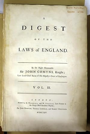 Seller image for A Digest of the Laws of England. Vol. III for sale by Attic Books (ABAC, ILAB)