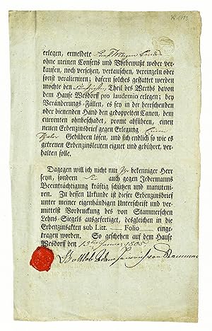 Gedruckte und handschriftlich ausgefüllte Urkunde mit Lacksiegel und U.