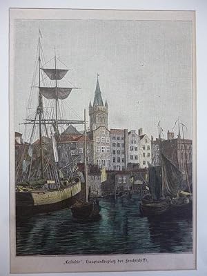 Orig. kolorierter Holzstich - "Lastadie", Hauptankerplatz der Frachtschiffe.