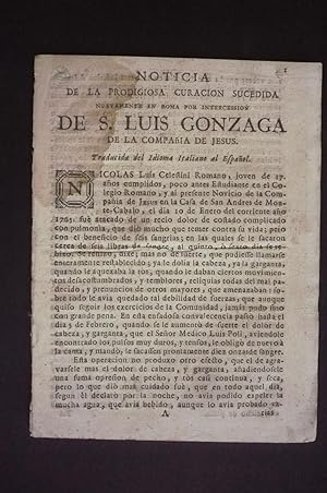 NOTICIA DE LA PRODIGIOSA CURACIÓN SUCEDIDA NUEVAMENTE EN ROMA POR INTERCESIÓN DE S. LUIS GONZAGA ...