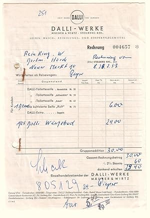 Rechnung Dalli-Werke Mäurer & Wirtz Stolberg Rhl. 1957 Seifen Wasch- Reinigungs- und Körperflegem...