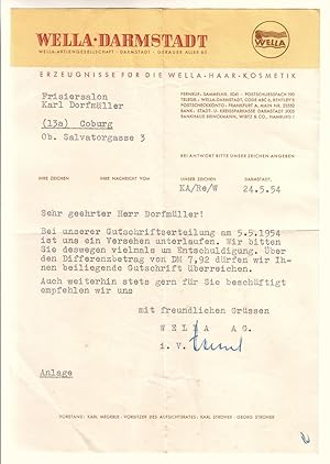 Seller image for Schreiben Wella Aktiengesellschaft Darmstadt 1954 for sale by GAENSAN Versandantiquariat