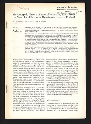 Bild des Verkufers fr Metamorphic history or staurolite-bearmg schist from the Svecokarelides, near Heinvaara, eastern Finland. Geologiska Freningens i Stockholm Frhandlingar, Vol. 101, Pt. 2, pp. 105-118. Stockholm. zum Verkauf von Antiquariat Bookfarm