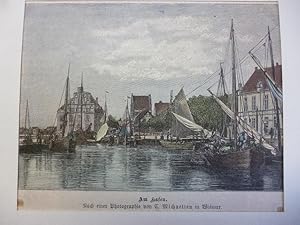 Orig. kolorierter Holzstich - Am Hafen.