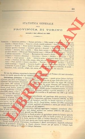 Bild des Verkufers fr Provincia di Torino. Statistica generale. zum Verkauf von Libreria Piani