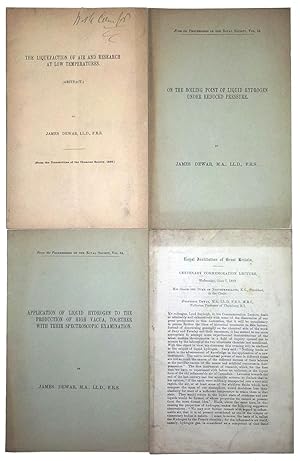 Bild des Verkufers fr Four offprints: 'The Liquefaction of Air and Research at Low Temperatures (Abstract)' from Transactions of the Chemical Society, 1896; 'On the Boiling Point of Liquid Hydrogen under reduced Pressure' from Proceedings of the Royal Society, vol. 64 [1898]; 'Application of Liquid Hydrogen to the Production of High Vacua, together with their Spectroscopic Examination' from Proceedings of the Royal Society, vol. 64 [1898]; 'Centenary Commemoration Lecture' from the Royal Institution of Great Britain, 1899; together with Charles Olszewski's 'On the Liquefaction of Gases', offprint from the Philosophical Magazine for February 1895. zum Verkauf von Meridian Rare Books ABA PBFA