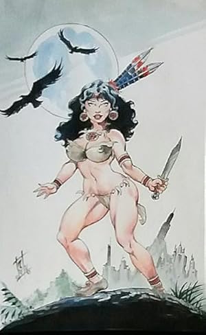 Original Butch Burcham Cavewoman Fantasy Comic Art Painting, Good Girl (Brunette)