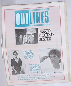Bild des Verkufers fr OUTlines: the voice of the gay and lesbian community; [originally Chicago Outlines] vol. 2, #9, Feb. 1989: "Dignity Protests Ouster" [cover story] zum Verkauf von Bolerium Books Inc.