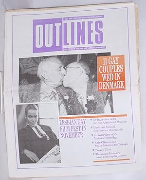 Bild des Verkufers fr OUTlines: the voice of the gay and lesbian community; [originally Chicago Outlines] vol. 3, #6, Nov., 1989: "11 gay Couples Wed in Denmark" [cover story] zum Verkauf von Bolerium Books Inc.