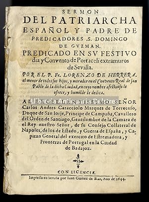 Bild des Verkufers fr [Inquisicin. Sevilla. Santo Domingo de Guzmn] Sermn del patriarcha espaol y padre de predicadores. S. Domingo de Guzmn. Predicado en su festivo dia y Convento de Portaceli extramuros de Sevilla. zum Verkauf von Llibreria Antiquria Delstres