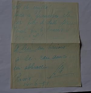 Lettre Manuscrite à Lo Duca 14-06-1951