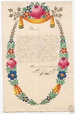 Freundschaftsbrief in französischer Sprache mit reicher farbiger floraler Verzierung umgeben.