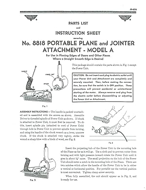 MILLERS FALLS No. 8818 PORTABLE PLANE and JOINTER Attachment - MODEL A Part list and Instructions