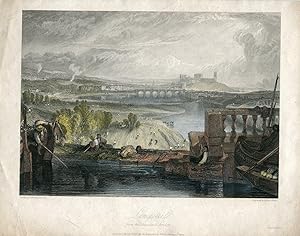 Inglaterra «Lancaster from aqueduct bridge» grabado por Robert Wallis sobre obra de J.M.W. Turner