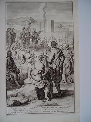 «Moses explains promulgates the law» Grabado bíblico original por Gerard Hoet (1648-1733), grabad...
