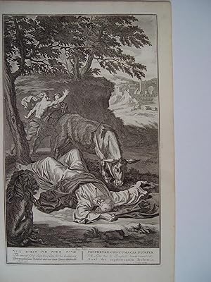 The man of God slain by a lion for his disobedience. Grabado bíblico original por Gerard Hoet (16...