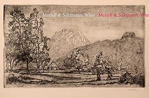 Bild des Verkufers fr Landschaftsdarstellung mit Bergen im Hintergrund. zum Verkauf von Antiquariat MEINDL & SULZMANN OG