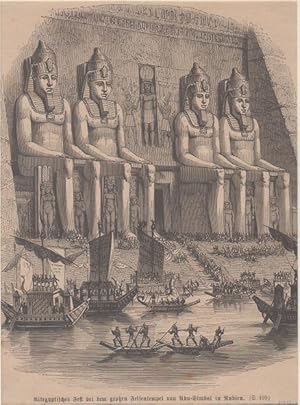 Orig. Holzstich - Altegyptisches Fest bei dem großen Felsentempel von Abu - Simbal in Rubien.