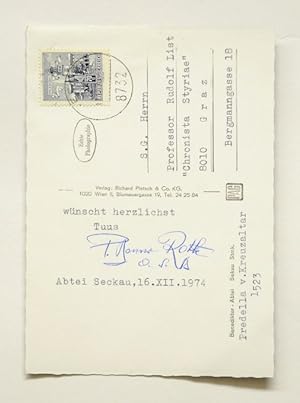 Bild des Verkufers fr Masch. Postkarte m. eigenh. Unterschrift. zum Verkauf von Versandantiquariat Wolfgang Friebes