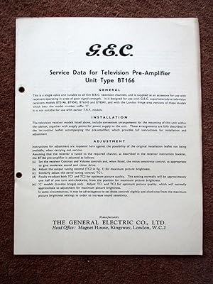 Imagen del vendedor de G.E.C. Service Data for Television Pre-Amplifier Unit Type BT166. a la venta por Tony Hutchinson