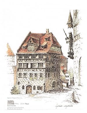 Dürerhaus in Nürnberg. Handkolorierter Druck einer Lithographie von Sieglinde Meythaler um 1970