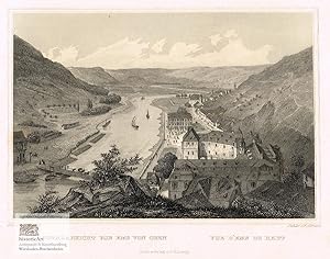 Immagine del venditore per Totalansicht von Bad Ems von oben. Vue d'Ems du Haut. Ansicht von Bad Ems and er Lahn aus der Vogelschau. Stahlstich von Abresch nach Schnfeld um 1850 venduto da historicArt Antiquariat & Kunsthandlung