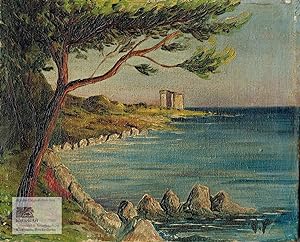 Malerische Ansicht einer Ruine am Meer in mediterranem Ambiente. Ölbild von H.P. um 1910