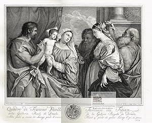 Maria mit dem Jesuskind und vier Heiligen. Großer Kupferstich von Jacob Folkema nach dem Gemälde ...