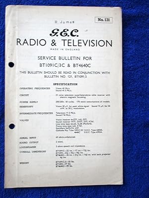 Imagen del vendedor de G.E.C. Television Service Bulletin No 131. BT1091C/3C & BT1091/3. a la venta por Tony Hutchinson